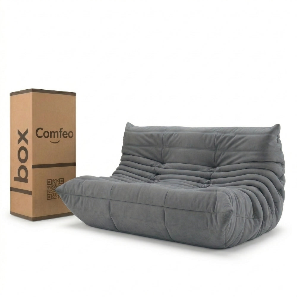 #Gris Koto Classic canapé lounge compressé 2 places coloris gris, vue de face : assise ferme, ligne années 70, velours matelassé, livré compressé dans un seul carton