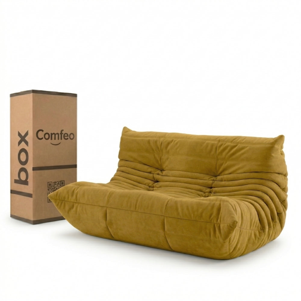 #Jaune Koto Classic canapé lounge compressé 2 places coloris jaune, vue de face : assise ferme, ligne années 70, velours matelassé, livré compressé dans un seul carton
