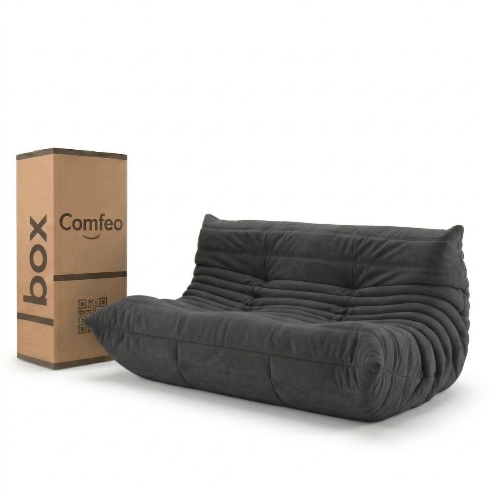 #Noir Koto Classic canapé lounge compressé 2 places coloris noir, vue de face : assise ferme, ligne années 70, velours matelassé, livré compressé dans un seul carton