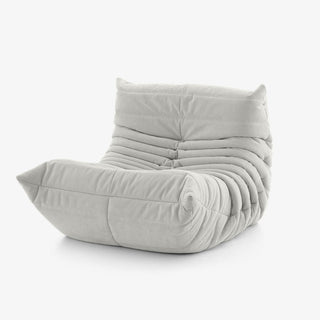 #Blanc Koto Mini chauffeuse lounge compressée 1 place coloris blanc, vue de profil : fauteuil bas au design 70s, assise ferme, velours matelassé, livré compressé