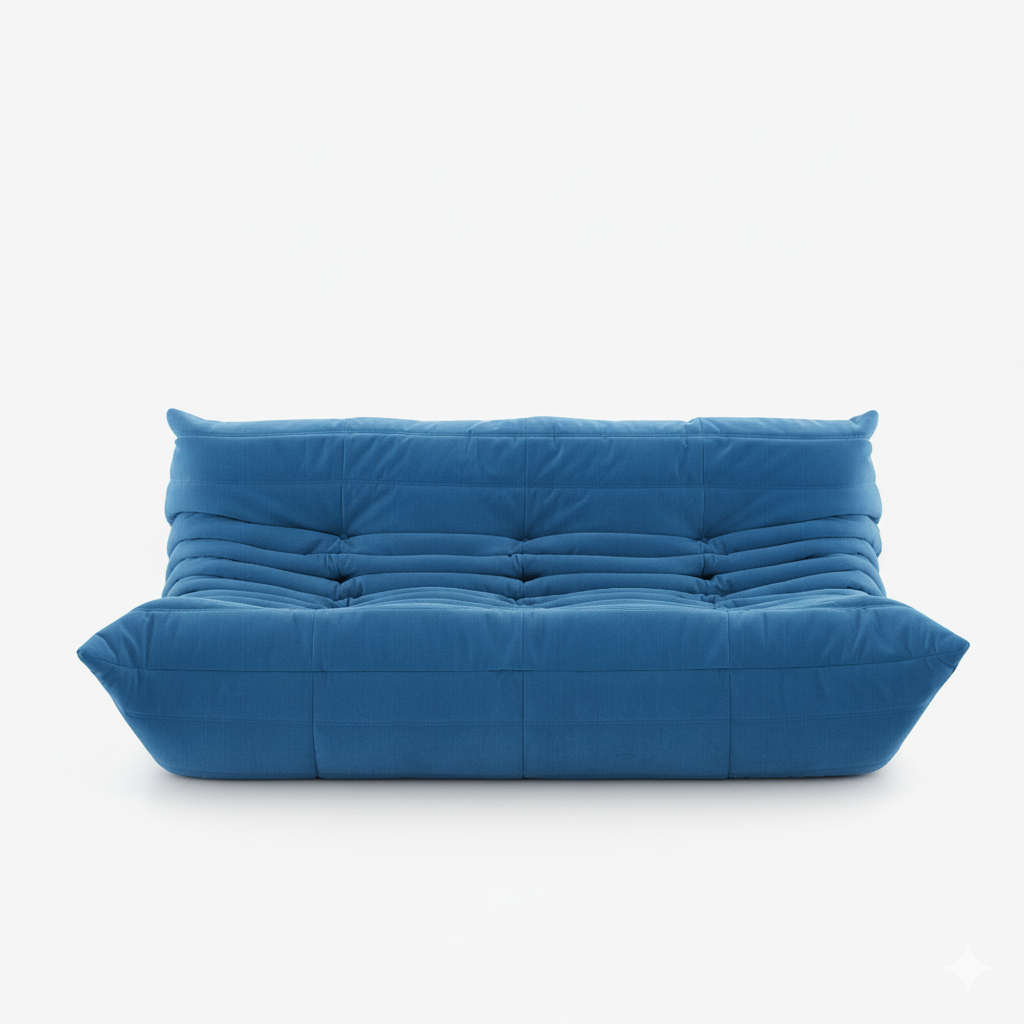 #Bleu Koto canapé lounge compressé 3 places coloris bleu, vue trois quarts : assise ferme, silhouette années 70, velours matelassé, livré compressé dans un seul carton