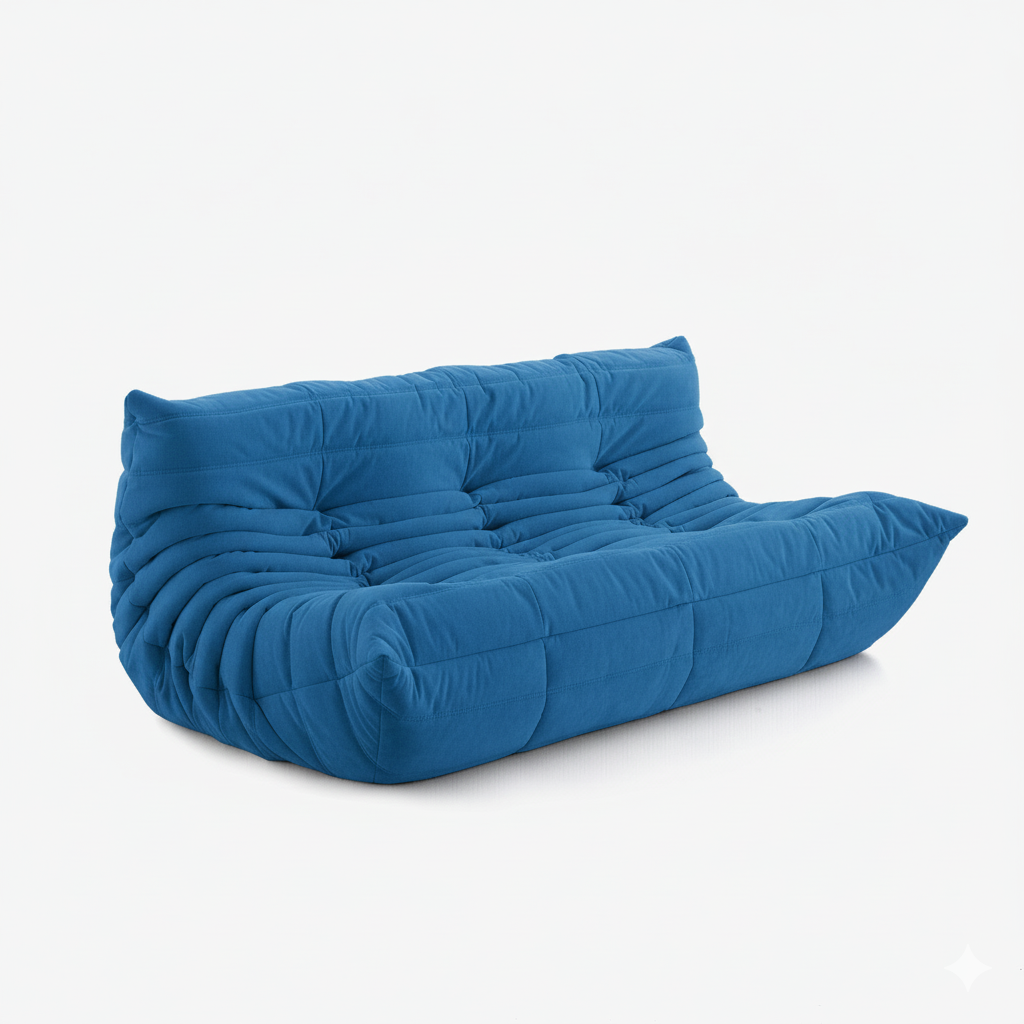 #Bleu Koto canapé lounge compressé 3 places coloris bleu, vue de profil : assise ferme, silhouette années 70, velours matelassé, livré compressé dans un seul carton