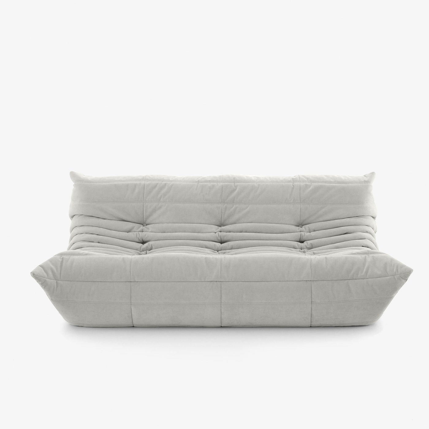 #Blanc Koto canapé lounge compressé 3 places coloris blanc, vue trois quarts : assise ferme, silhouette années 70, velours matelassé, livré compressé dans un seul carton