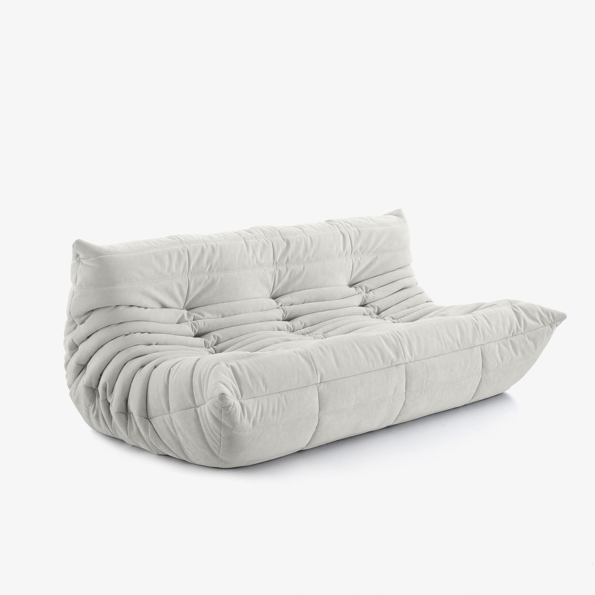 #Blanc Koto canapé lounge compressé 3 places coloris blanc, vue de profil : assise ferme, silhouette années 70, velours matelassé, livré compressé dans un seul carton