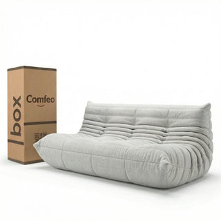 #Blanc Koto canapé lounge compressé 3 places coloris blanc, vue de face : assise ferme, silhouette années 70, velours matelassé, livré compressé dans un seul carton