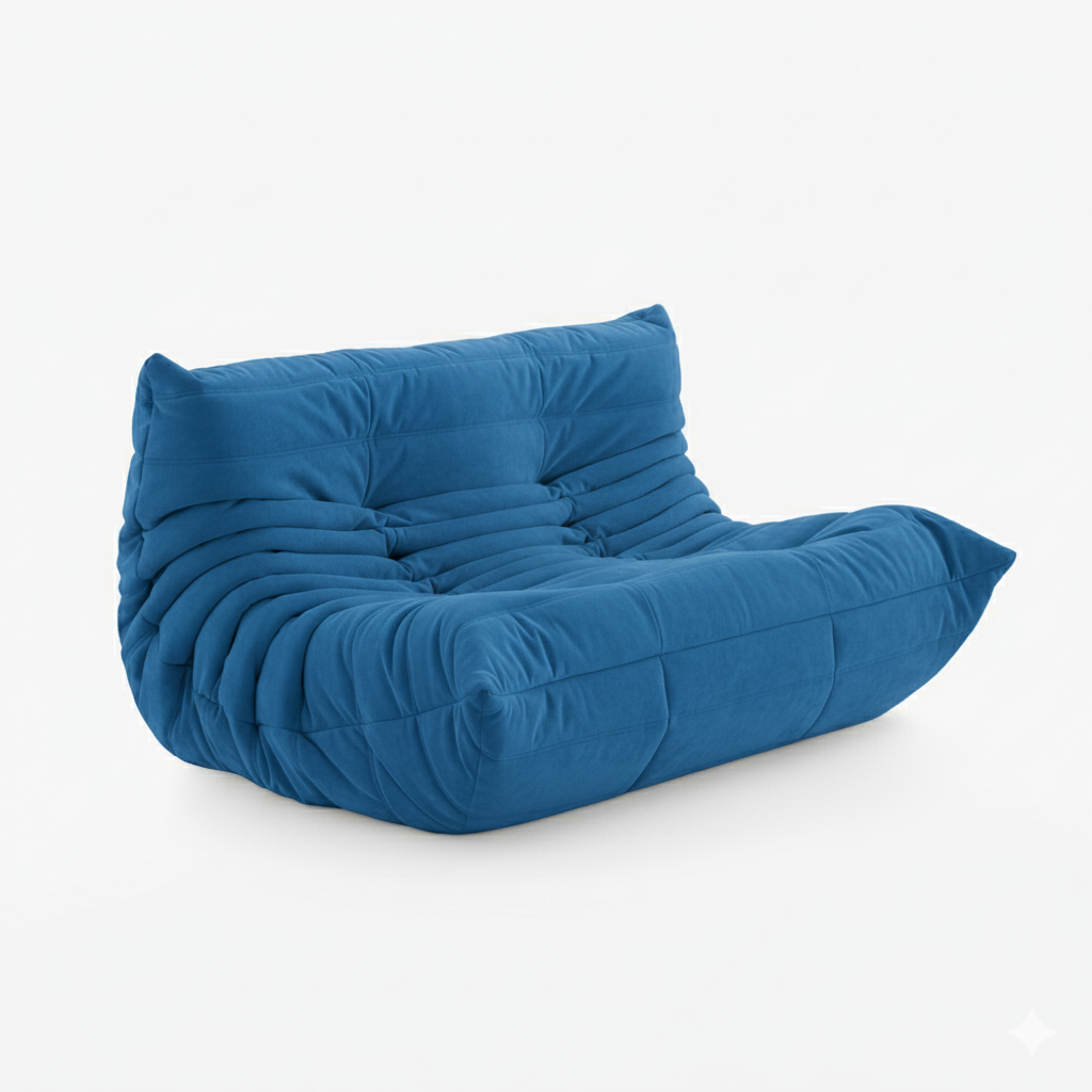 #Bleu Koto Classic canapé lounge compressé 2 places coloris bleu, vue de profil : assise ferme, ligne années 70, velours matelassé, livré compressé dans un seul carton