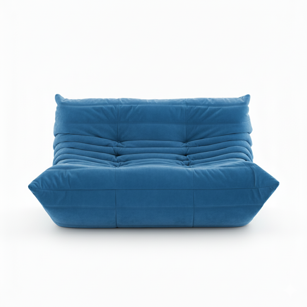 #Bleu Koto Classic canapé lounge compressé 2 places coloris bleu, vue trois quarts : assise ferme, ligne années 70, velours matelassé, livré compressé dans un seul carton