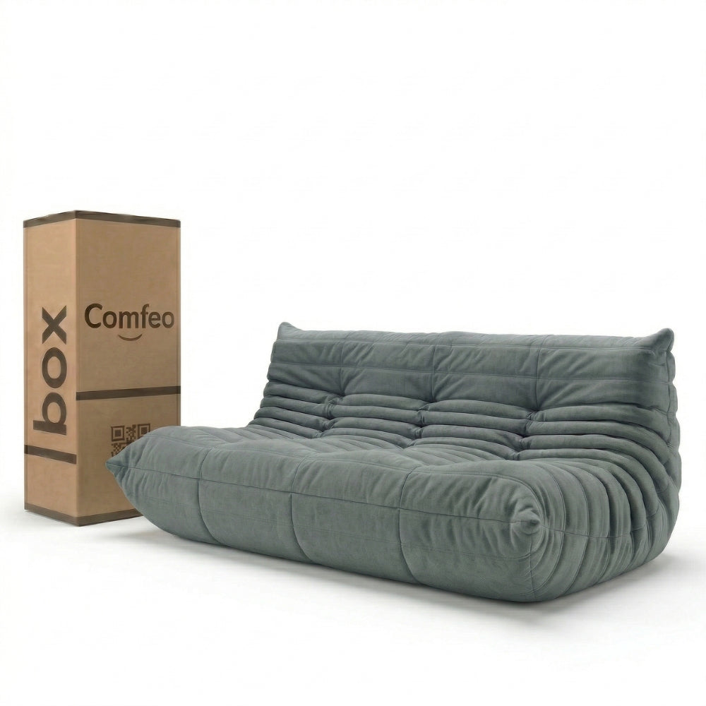 #Gris Koto canapé lounge compressé 3 places coloris gris, vue de face : assise ferme, silhouette années 70, velours matelassé, livré compressé dans un seul carton