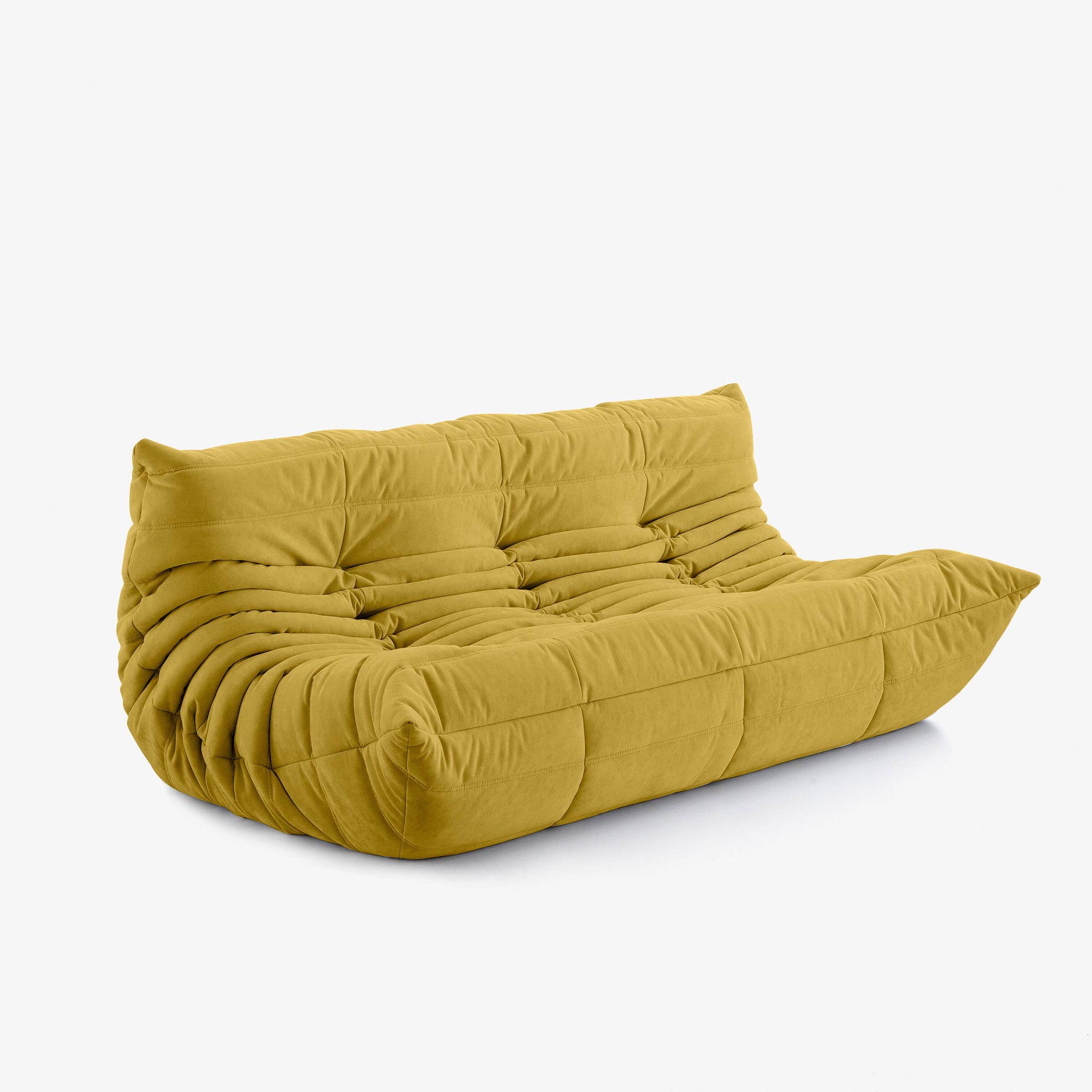 #Jaune Koto canapé lounge compressé 3 places coloris jaune, vue de profil : assise ferme, silhouette années 70, velours matelassé, livré compressé dans un seul carton