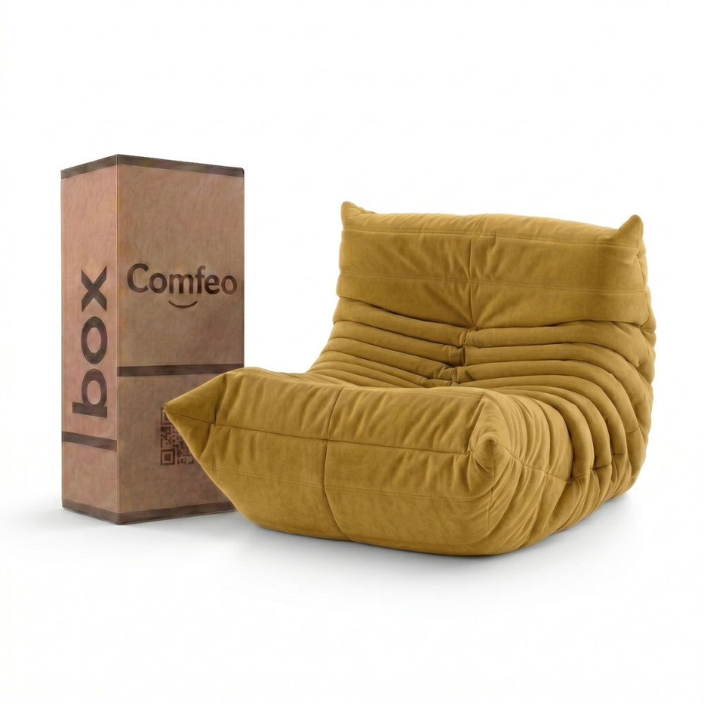 #Jaune Koto Mini chauffeuse lounge compressée 1 place coloris jaune, vue de face : fauteuil bas au design 70s, assise ferme, velours matelassé, livré compressé
