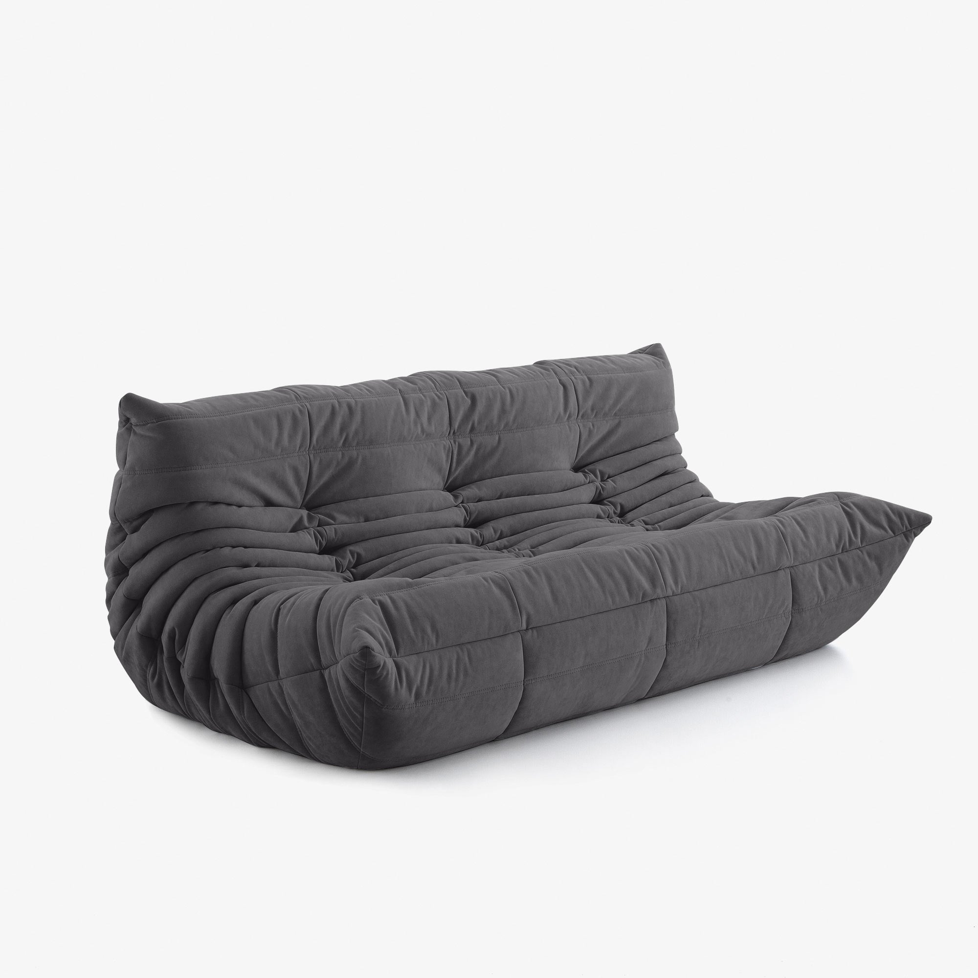 #Noir Koto canapé lounge compressé 3 places coloris noir, vue de profil : assise ferme, silhouette années 70, velours matelassé, livré compressé dans un seul carton