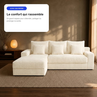 #BlancCrème Canapé d'angle Ampio blanc crème en velours côtelé, en situation, ambiance du soir