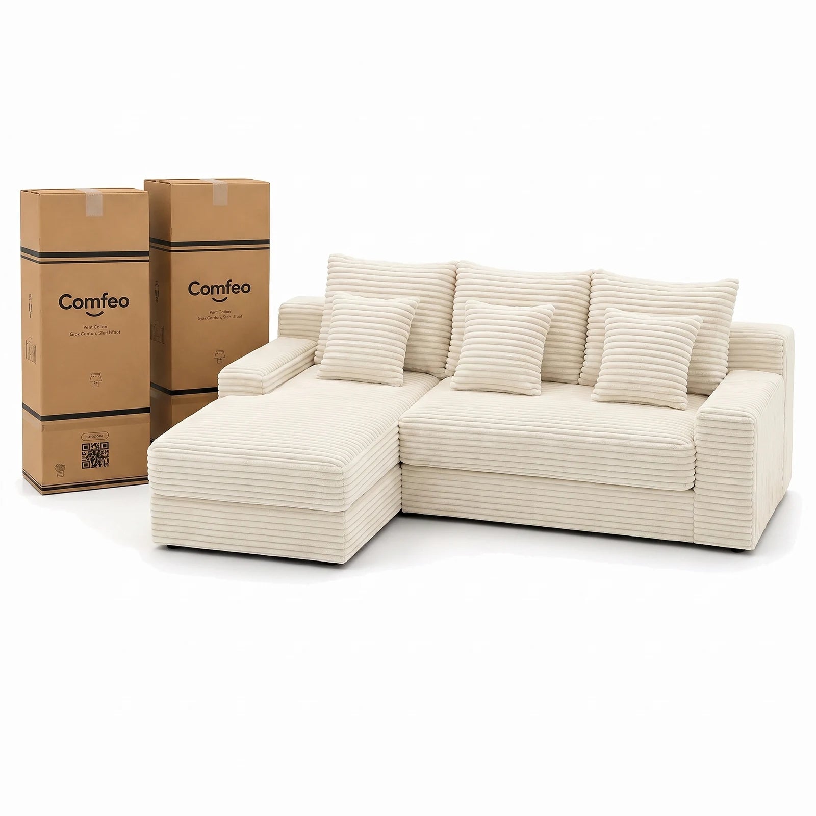 #BlancCrème Canapé d'angle Ampio blanc crème en velours côtelé, livré compressé dans deux cartons de 43 x 43 x 112 cm