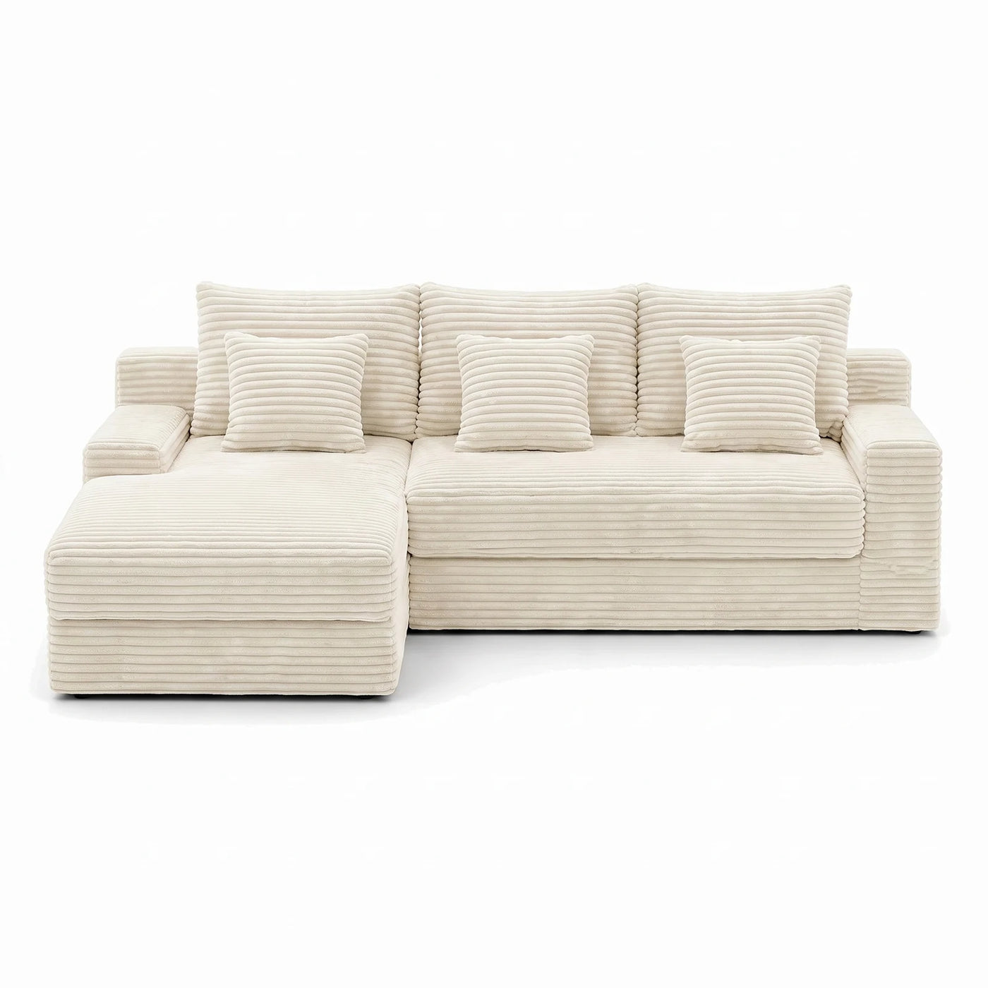 #BlancCrème Canapé d'angle Ampio blanc crème en velours côtelé, vue de face, canapé d'angle de 255 cm avec méridienne