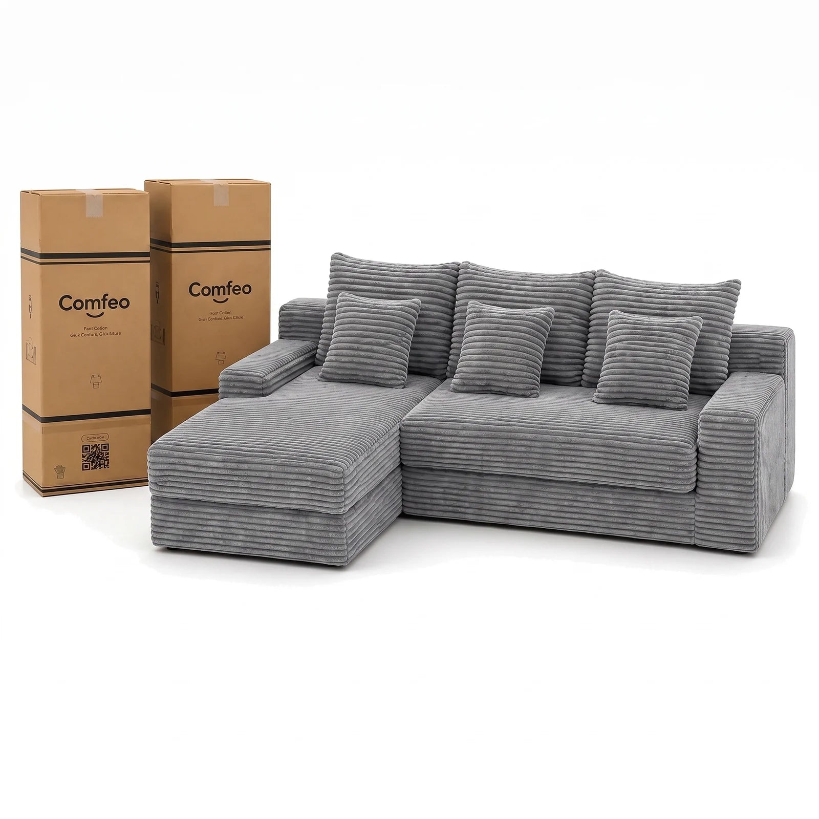 #Gris Canapé d'angle Ampio gris en velours côtelé, livré compressé dans deux cartons de 43 x 43 x 112 cm
