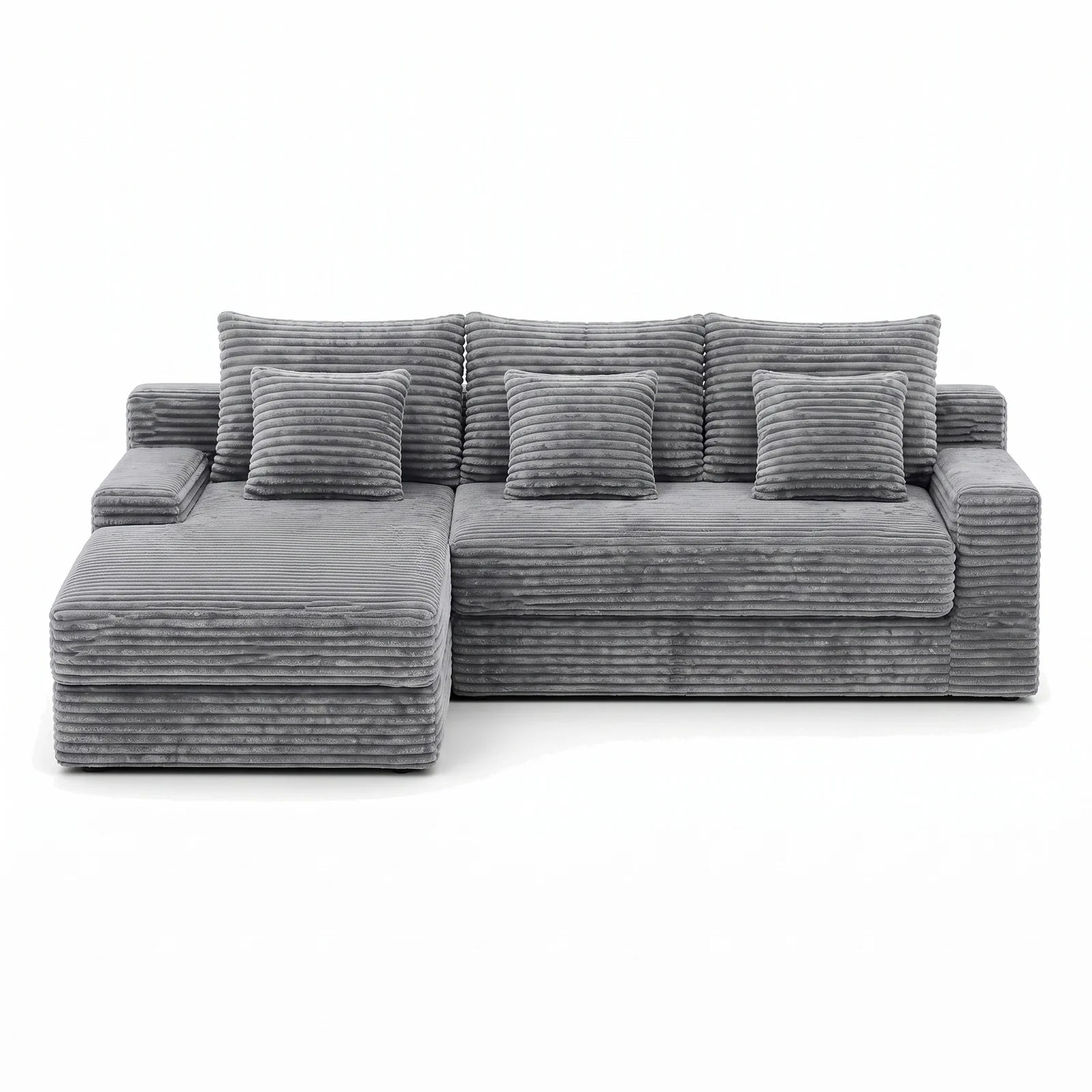 #Gris Canapé d'angle Ampio gris en velours côtelé, vue de face, canapé d'angle de 255 cm avec méridienne