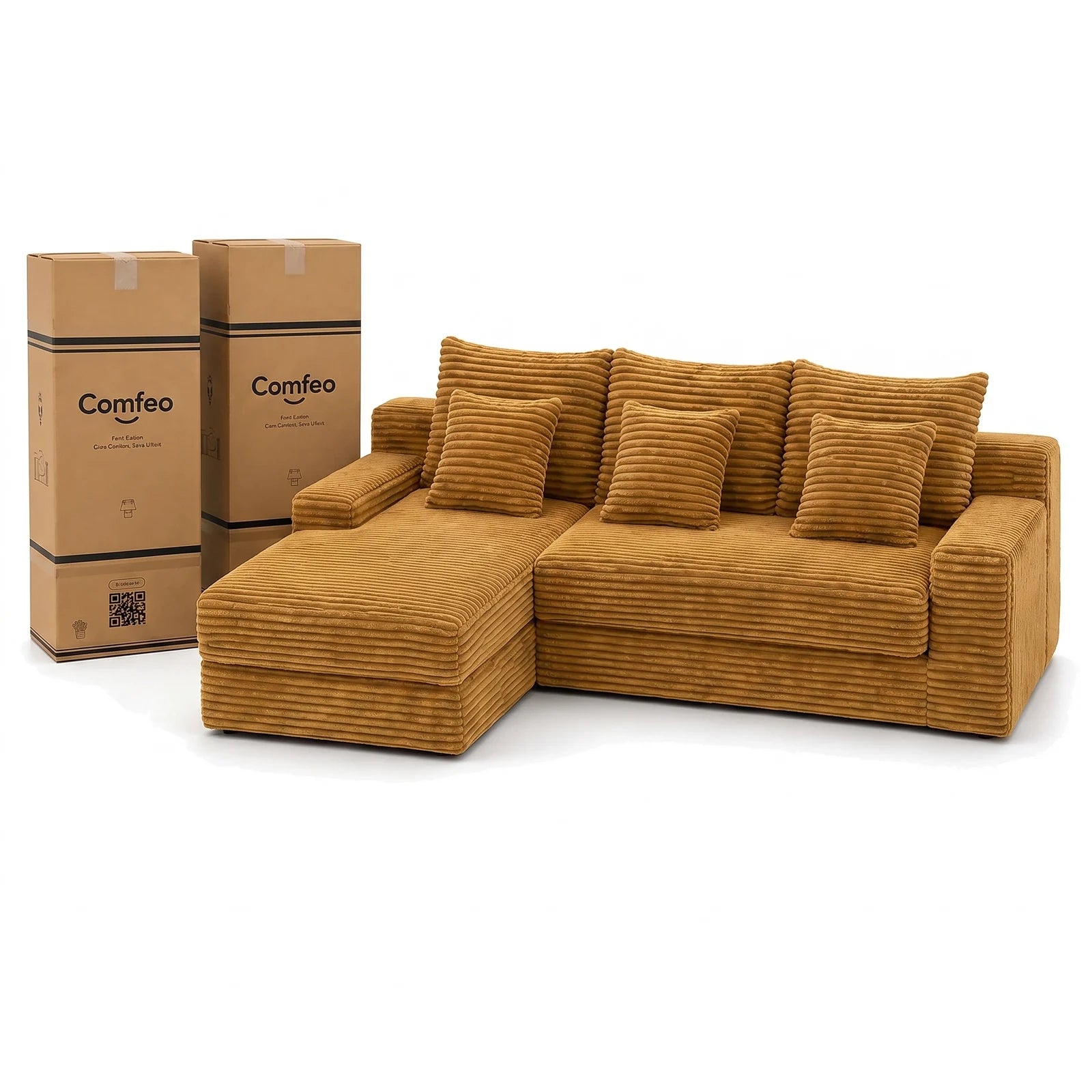 #JauneMoutarde Canapé d'angle Ampio jaune moutarde en velours côtelé, livré compressé dans deux cartons de 43 x 43 x 112 cm
