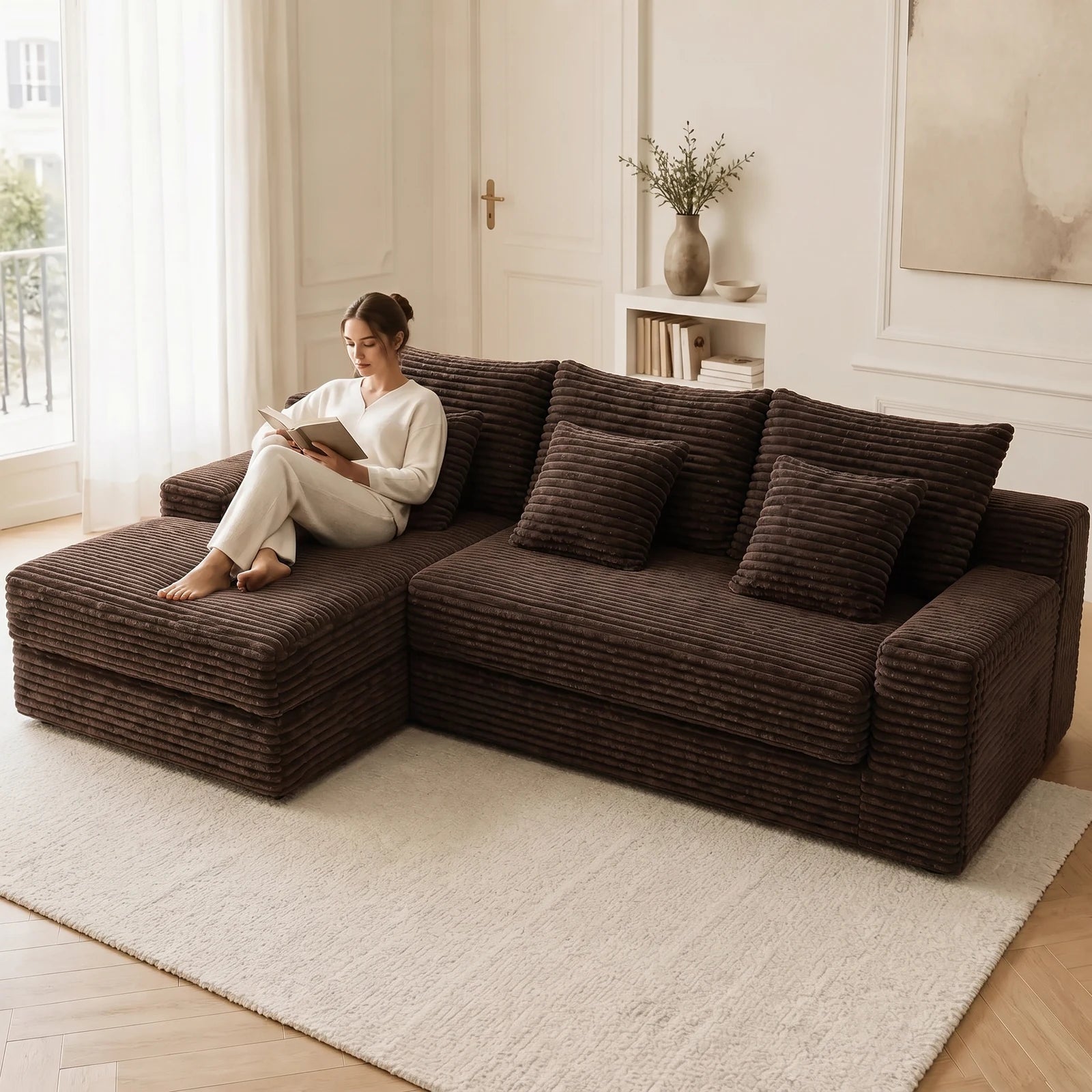 #Marron Canapé d'angle Ampio marron en velours côtelé, installé dans un salon lumineux