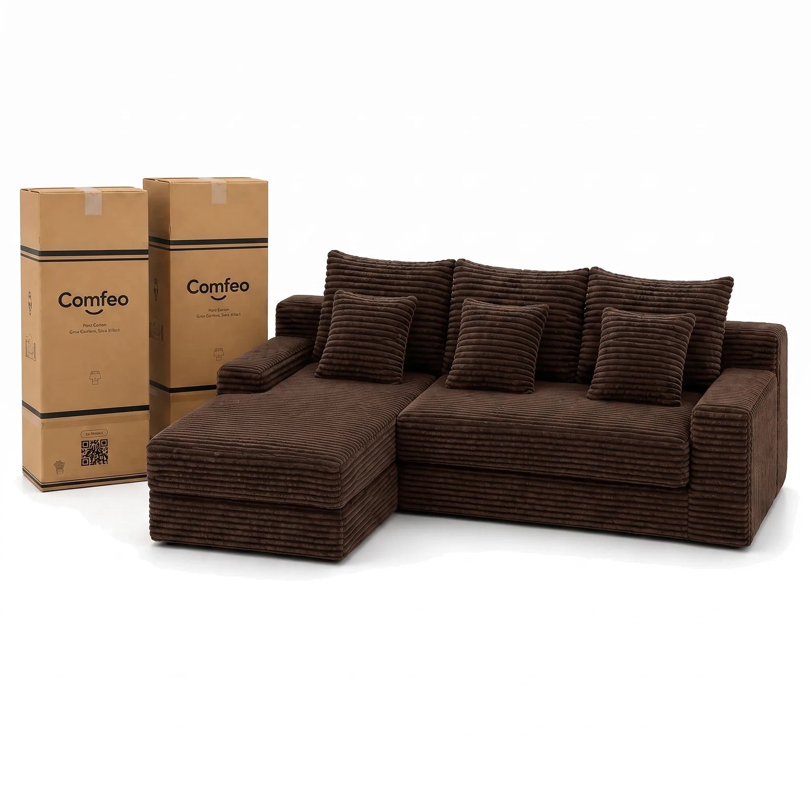 #Marron Canapé d'angle Ampio marron en velours côtelé, livré compressé dans deux cartons de 43 x 43 x 112 cm