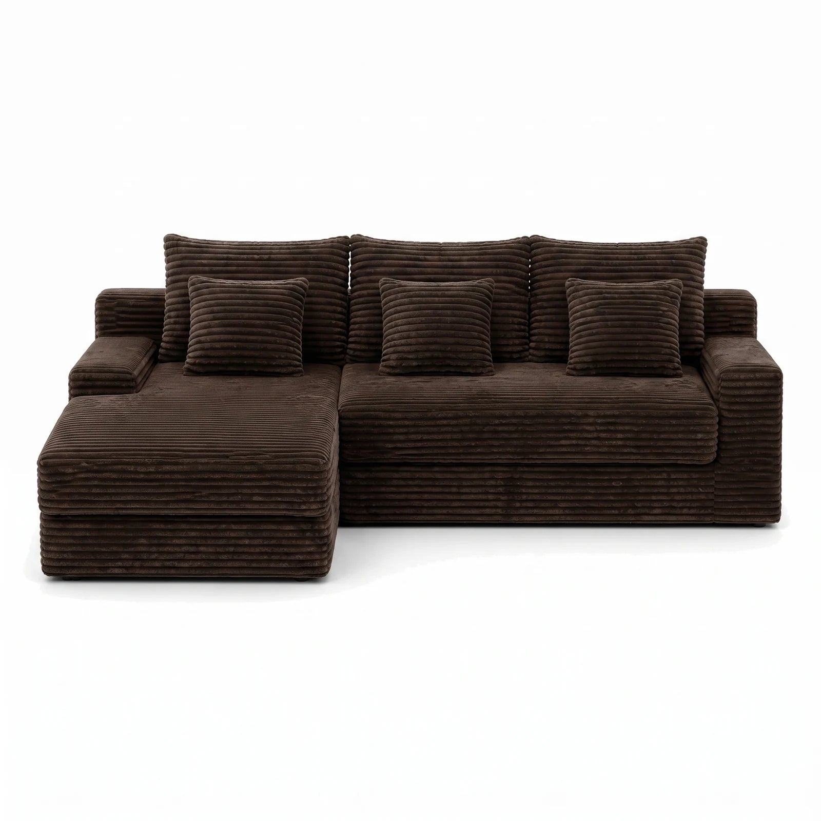 #Marron Canapé d'angle Ampio marron en velours côtelé, vue de face, canapé d'angle de 255 cm avec méridienne