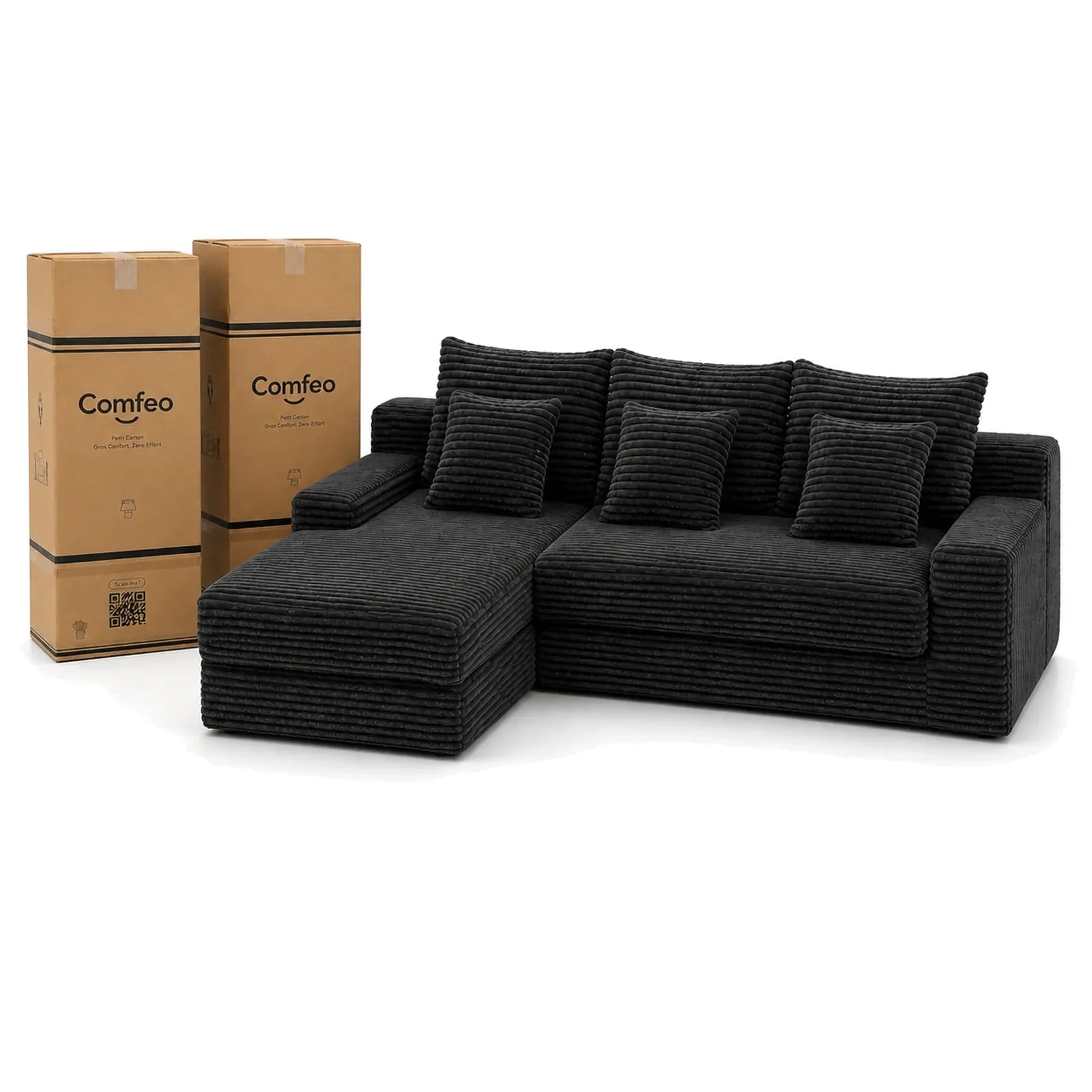 #Noir Canapé d'angle Ampio noir en velours côtelé, livré compressé dans deux cartons de 43 x 43 x 112 cm
