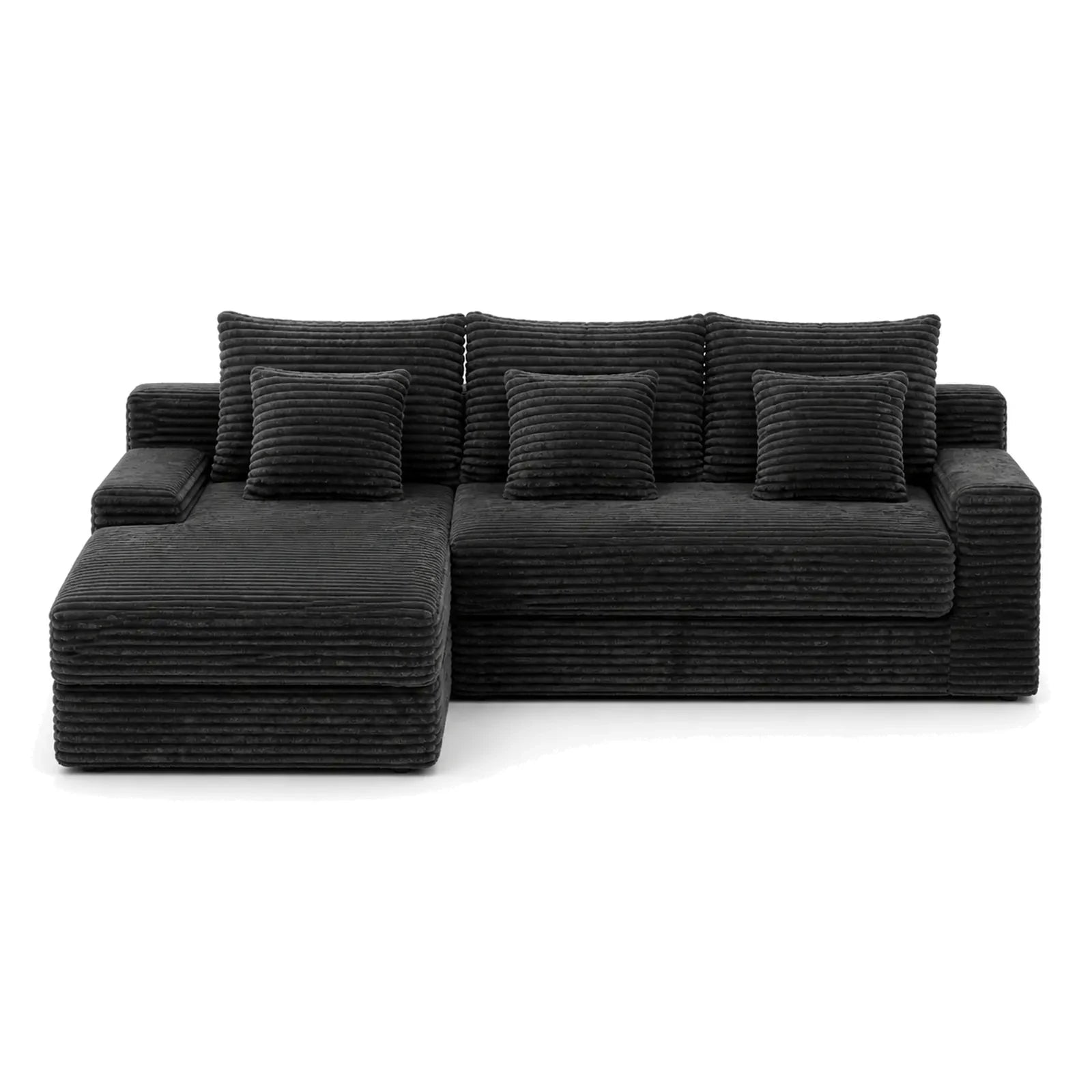 #Noir Canapé d'angle Ampio noir en velours côtelé, vue de face, canapé d'angle de 255 cm avec méridienne