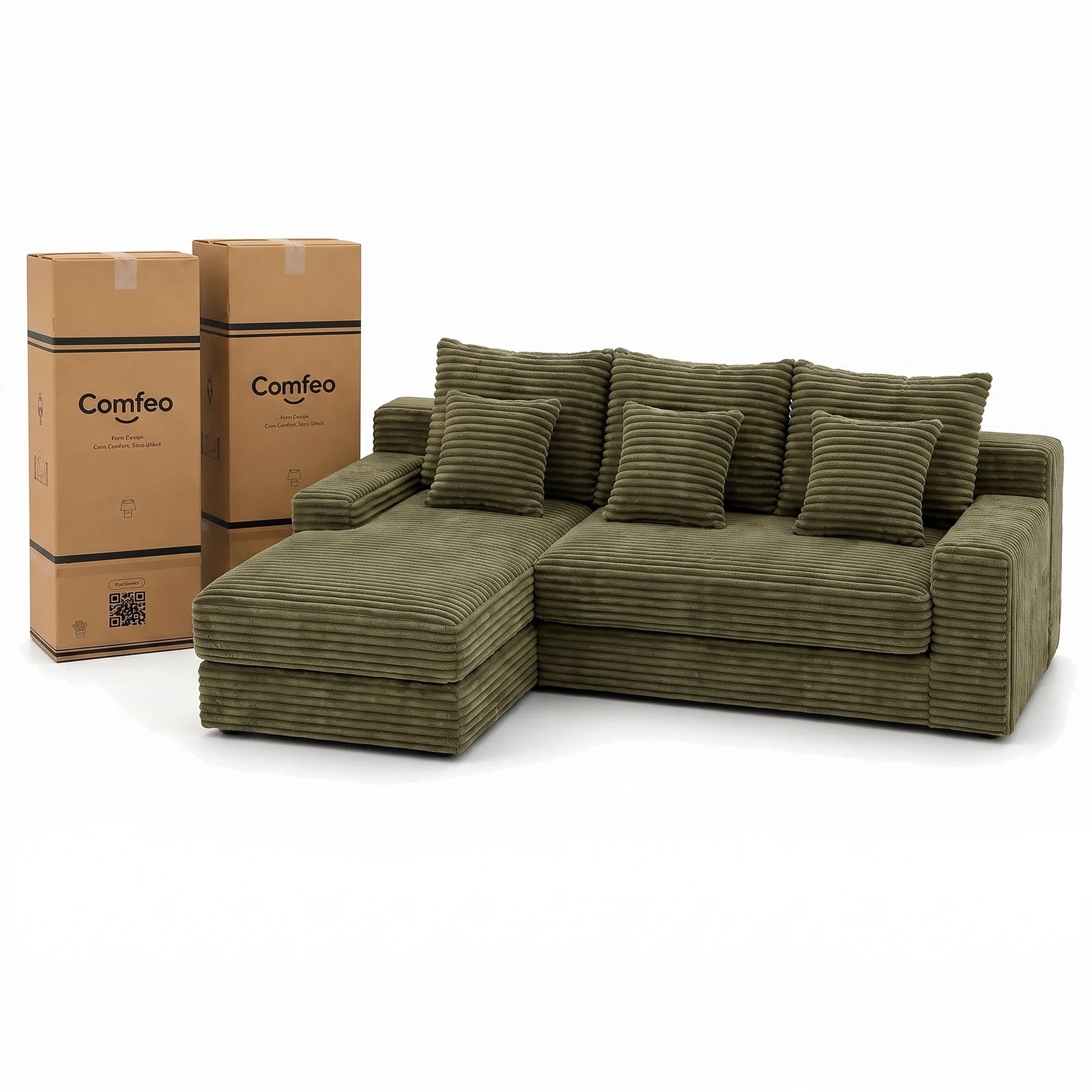 #VertKaki Canapé d'angle Ampio vert kaki en velours côtelé, livré compressé dans deux cartons de 43 x 43 x 112 cm