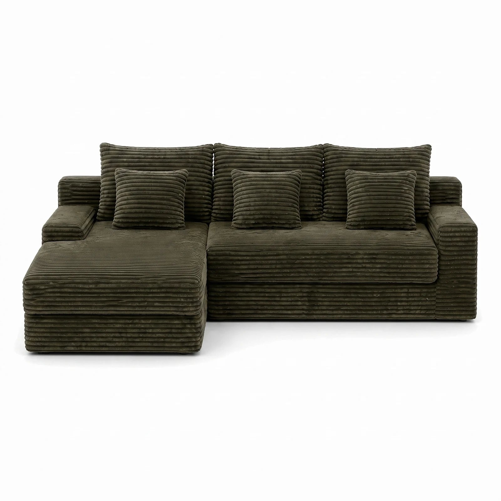 #VertKaki Canapé d'angle Ampio vert kaki en velours côtelé, vue de face, canapé d'angle de 255 cm avec méridienne