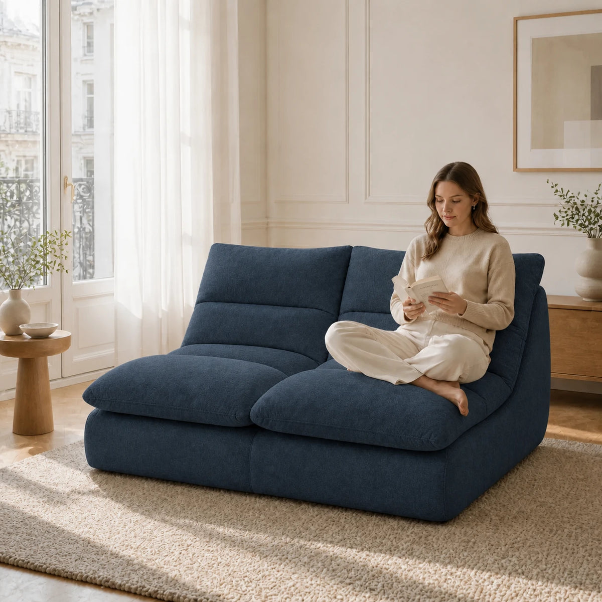 #Bleu Canapé Gummy Classic bleu, installé dans un salon lumineux