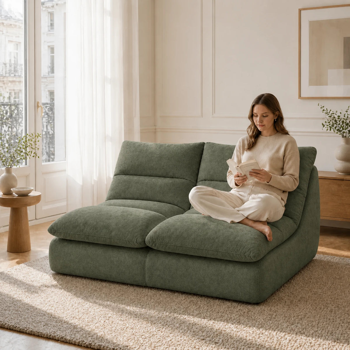 #VertSauge Canapé Gummy Classic vert sauge, installé dans un salon lumineux