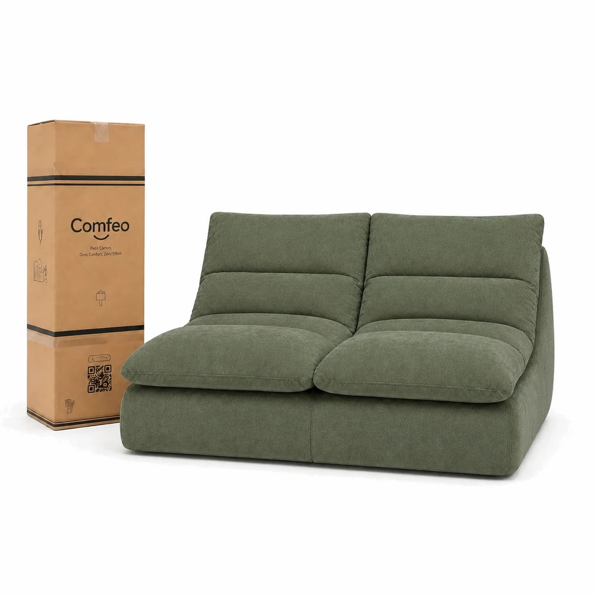 #VertSauge Canapé Gummy Classic vert sauge, livré compressé dans un seul carton de 40 x 40 x 127 cm