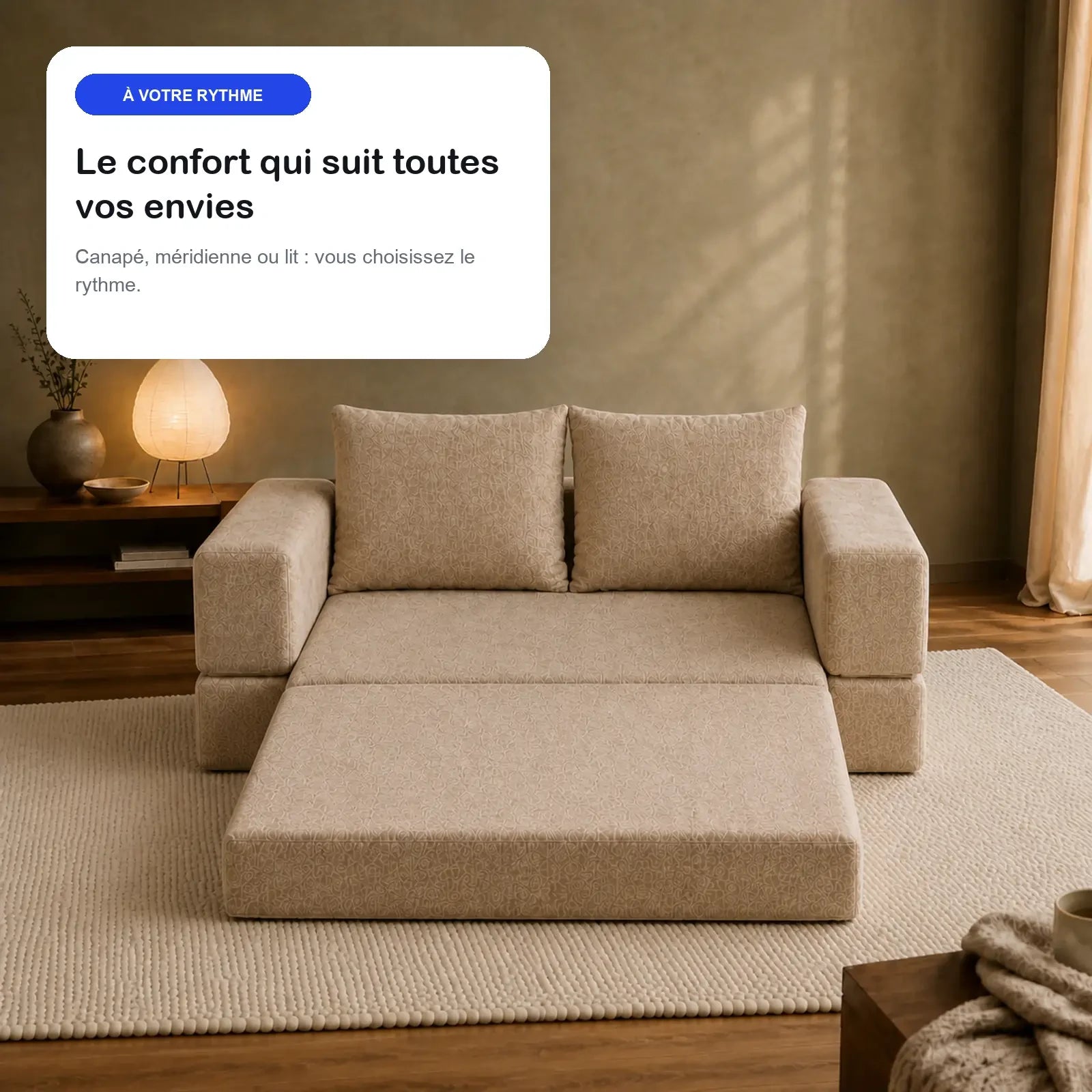 #Beige Canapé lit Nido beige en tissu chenille, en situation, ambiance salon