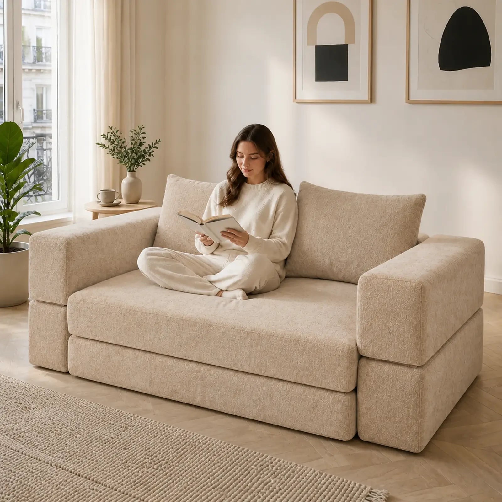 #Beige Canapé lit Nido beige en tissu chenille, installé dans un salon lumineux