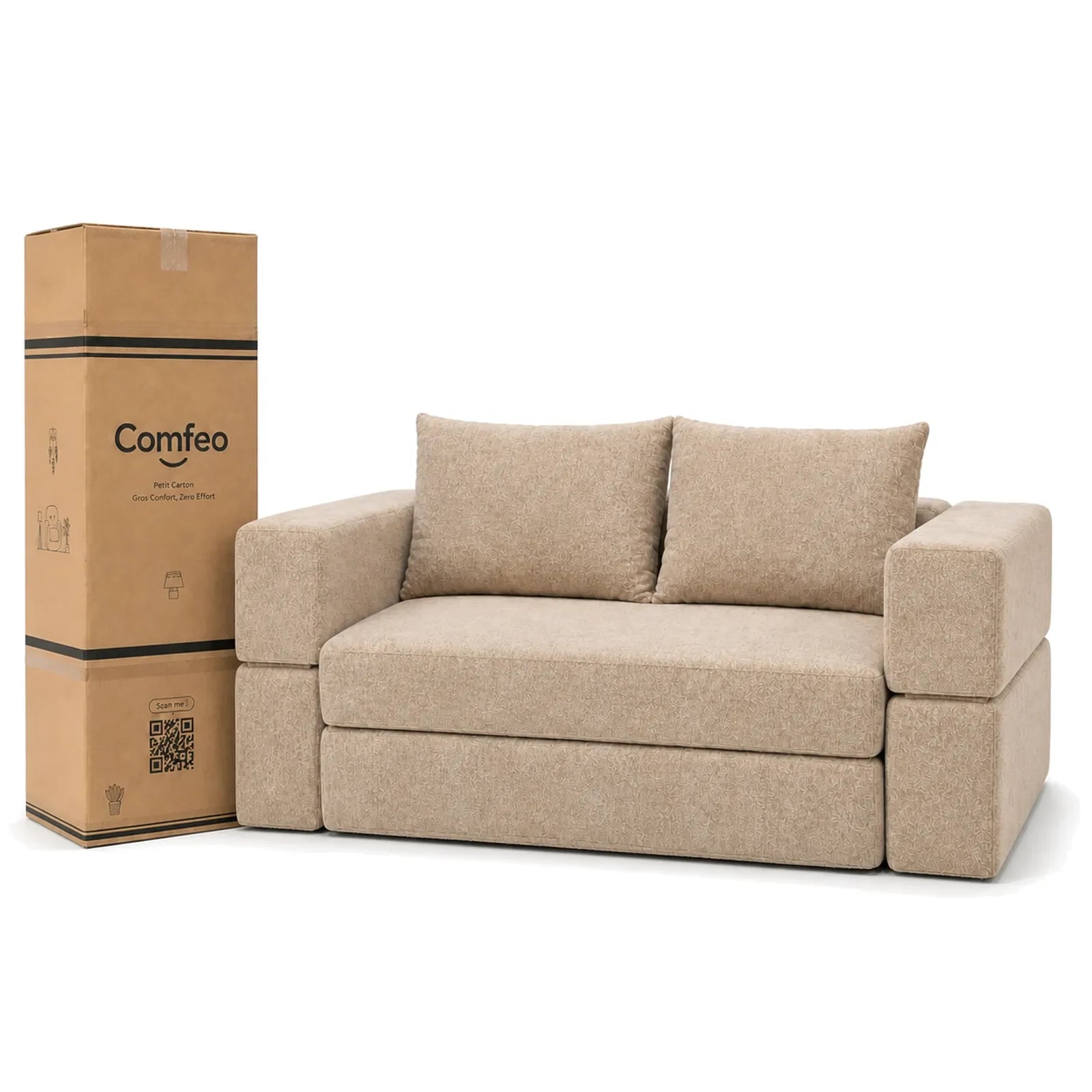 #Beige Canapé lit Nido beige en tissu chenille, livré compressé dans un seul carton de 45 x 45 x 125 cm