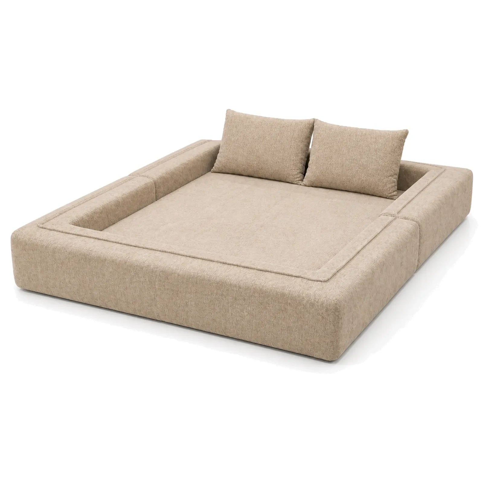 #Beige Canapé lit Nido beige en tissu chenille, déplié en lit de 200 x 200 cm, bordé sur trois côtés