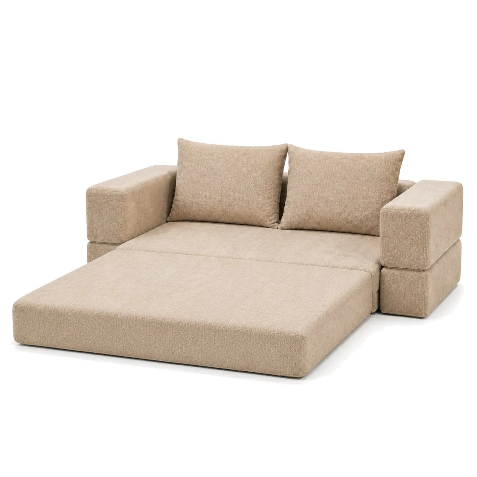 #Beige Canapé lit Nido beige en tissu chenille, déplié en position méridienne