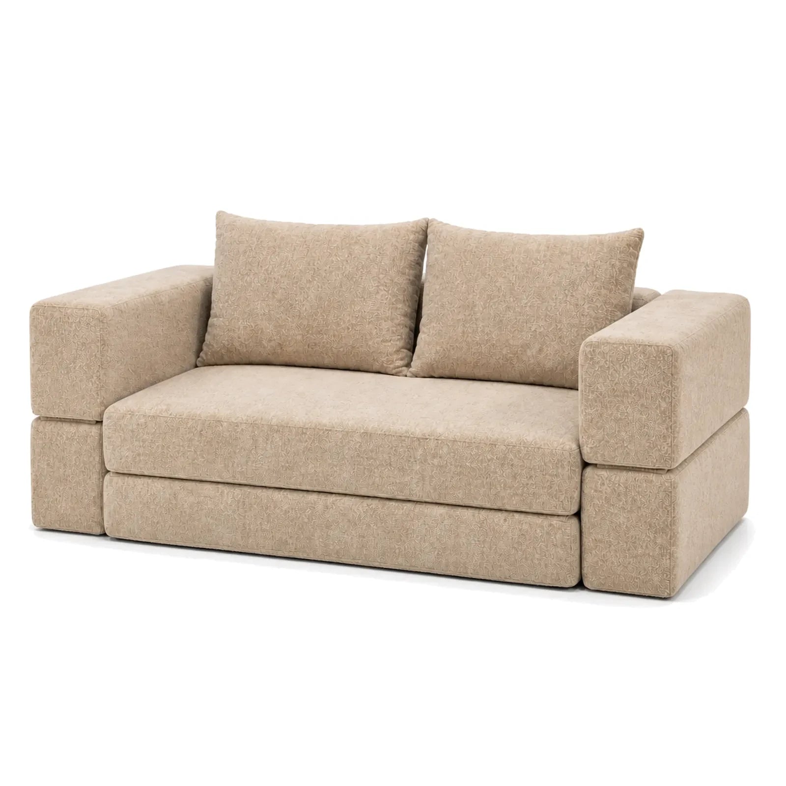 #Beige Canapé lit Nido beige en tissu chenille, vue de trois quarts droite, accoudoirs larges