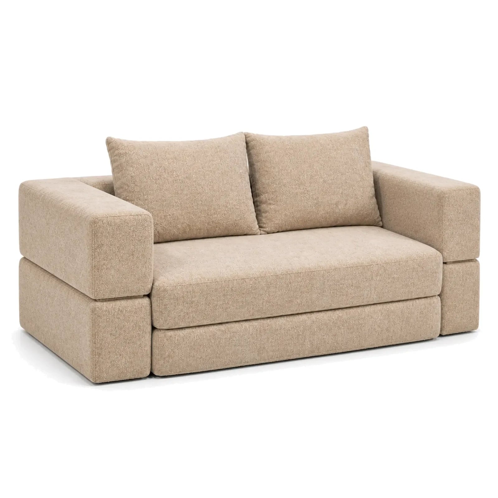#Beige Canapé lit Nido beige en tissu chenille, vue de trois quarts gauche