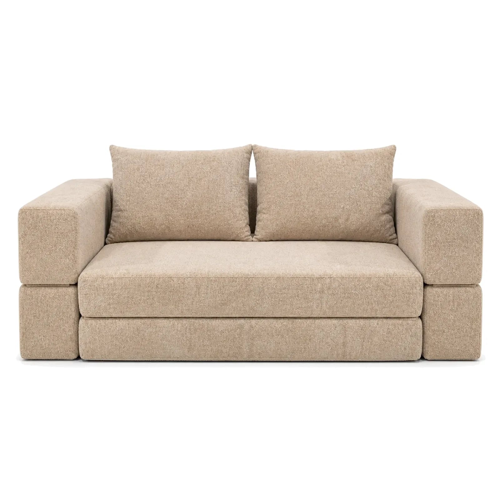 #Beige Canapé lit Nido beige en tissu chenille, vue de face en position canapé 2 places