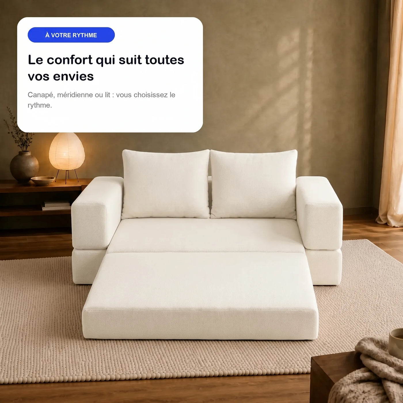 #BlancCrème Canapé lit Nido blanc crème en tissu chenille, en situation, ambiance salon