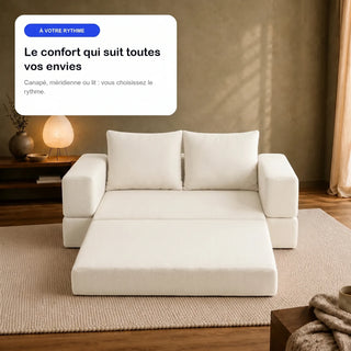 #BlancCrème Canapé lit Nido blanc crème en tissu chenille, en situation, ambiance salon