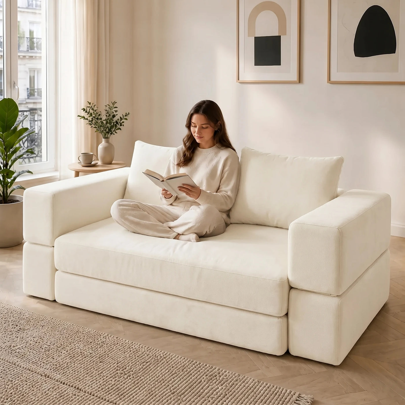 #BlancCrème Canapé lit Nido blanc crème en tissu chenille, installé dans un salon lumineux