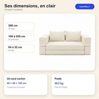 #BlancCrème Canapé lit Nido blanc crème en tissu chenille, dimensions 200 x 100 x 64 cm, carton de 45 x 45 x 125 cm, 39,5 kg