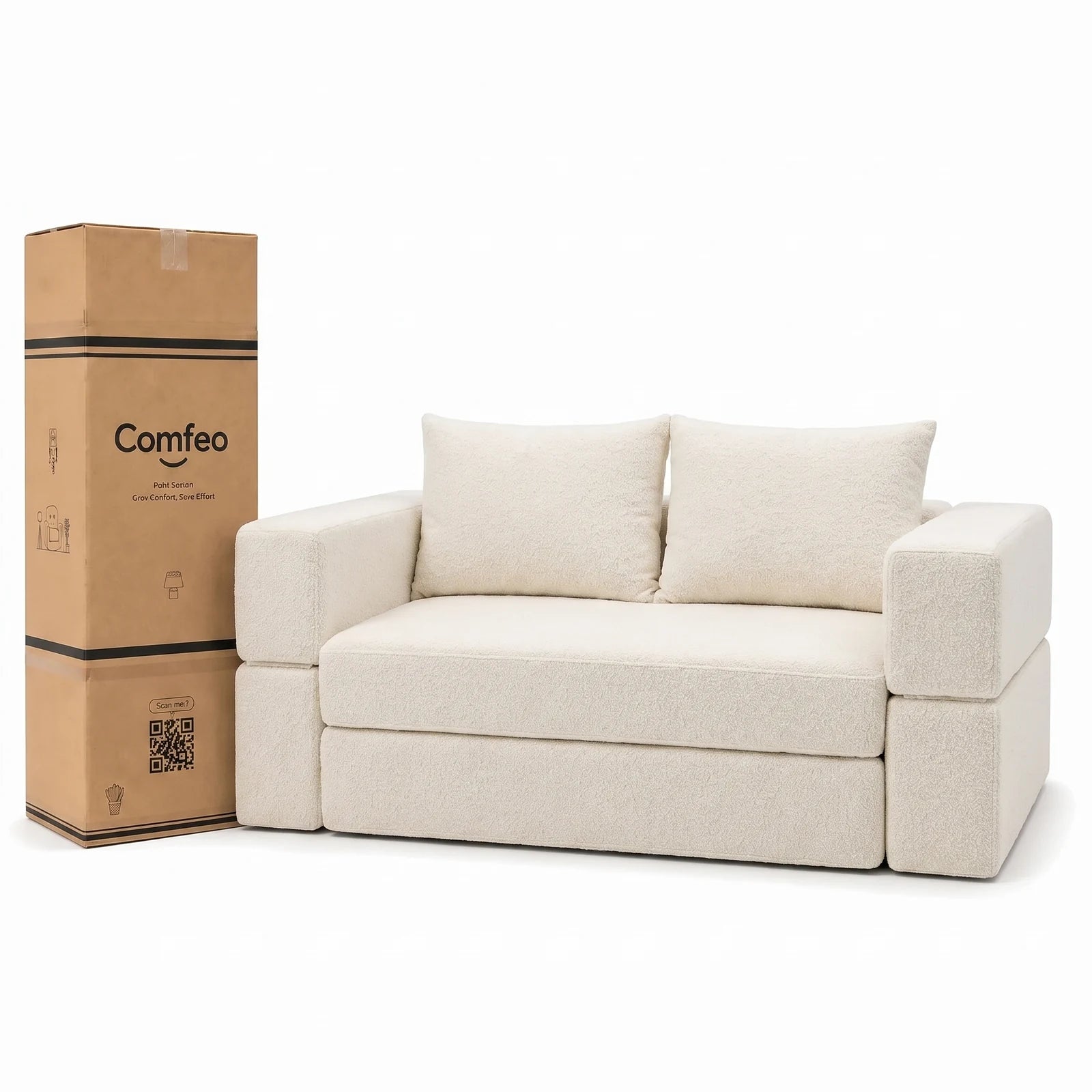 #BlancCrème Canapé lit Nido blanc crème en tissu chenille, livré compressé dans un seul carton de 45 x 45 x 125 cm