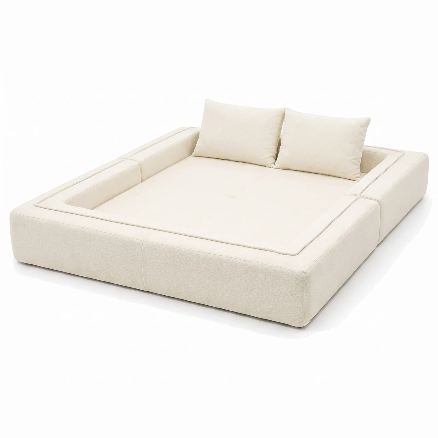 #BlancCrème Canapé lit Nido blanc crème en tissu chenille, déplié en lit de 200 x 200 cm, bordé sur trois côtés