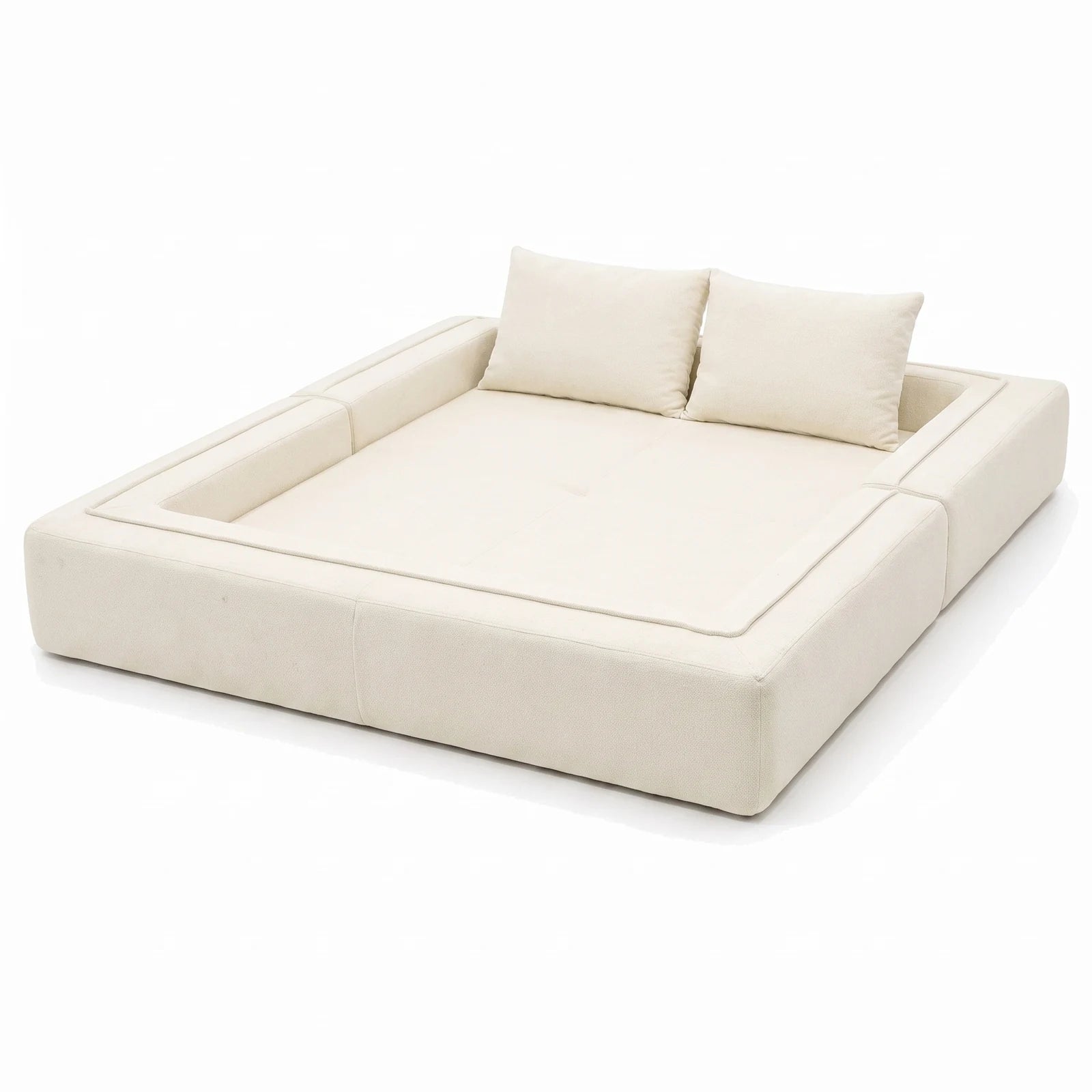 #BlancCrème Canapé lit Nido blanc crème en tissu chenille, déplié en lit de 200 x 200 cm, bordé sur trois côtés
