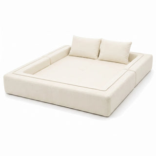 #BlancCrème Canapé lit Nido blanc crème en tissu chenille, déplié en lit de 200 x 200 cm, bordé sur trois côtés