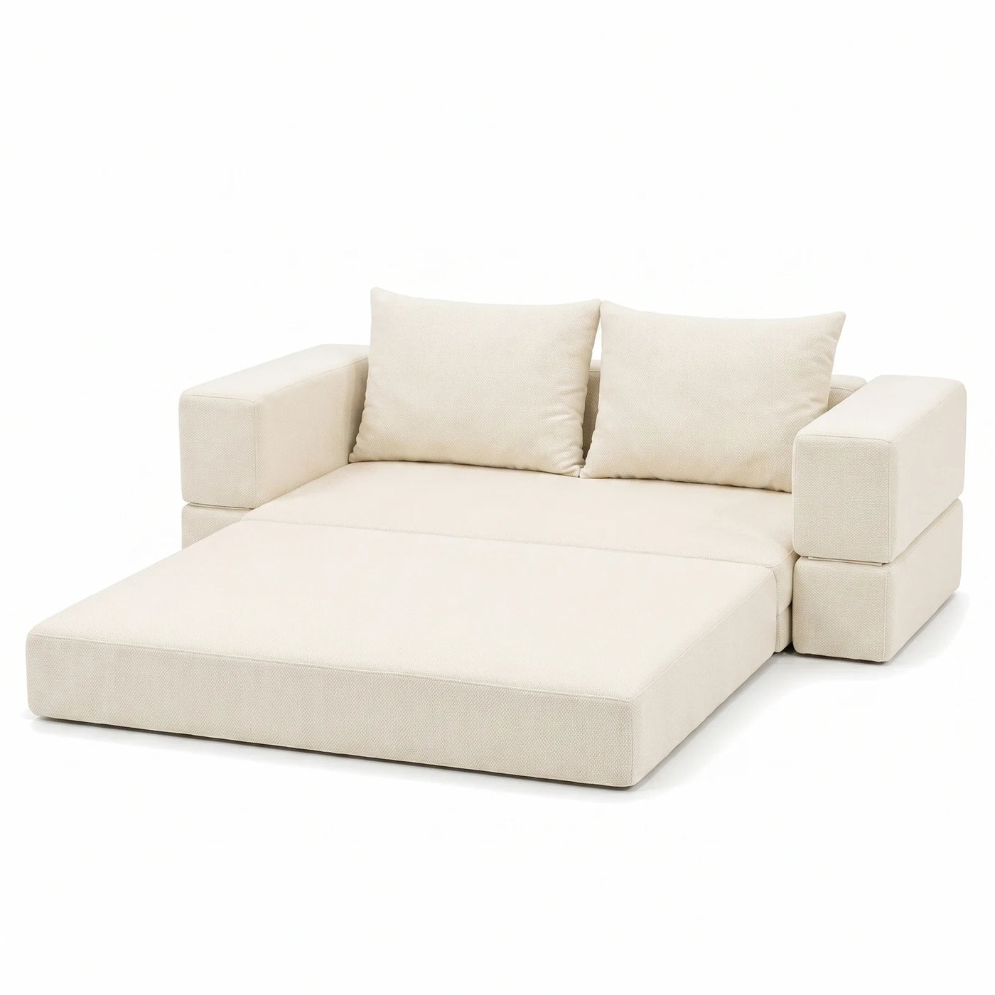 #BlancCrème Canapé lit Nido blanc crème en tissu chenille, déplié en position méridienne