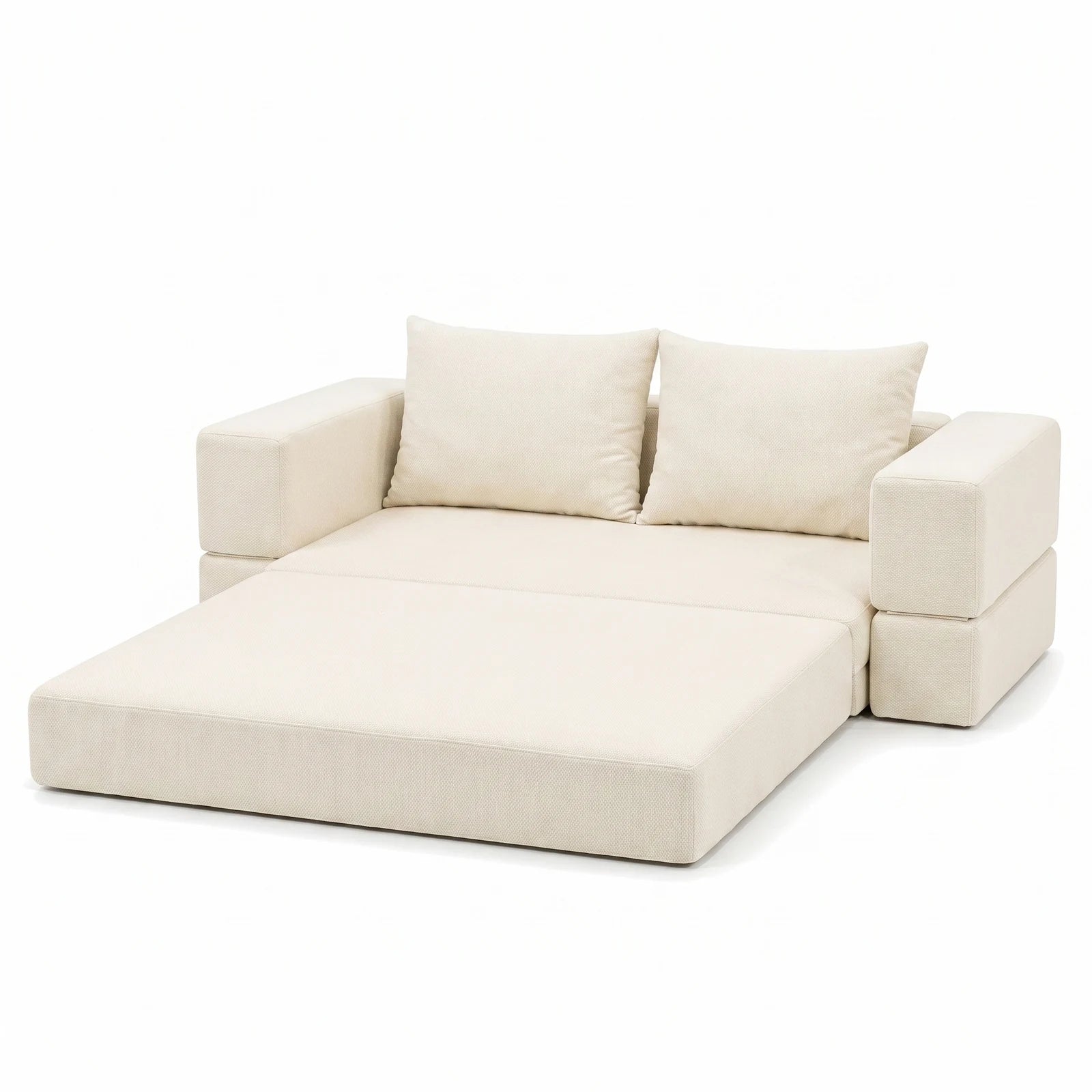 #BlancCrème Canapé lit Nido blanc crème en tissu chenille, déplié en position méridienne