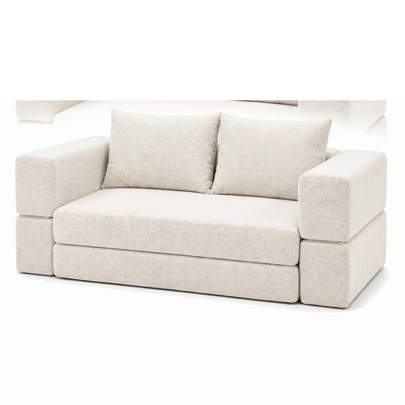 #BlancCrème Canapé lit Nido blanc crème en tissu chenille, vue de trois quarts droite, accoudoirs larges